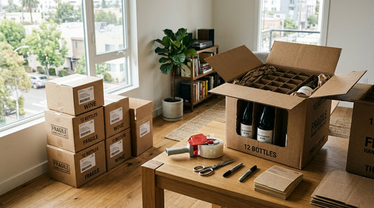 Wine bottles packed in cardboard shipping boxes with dividers and tape
