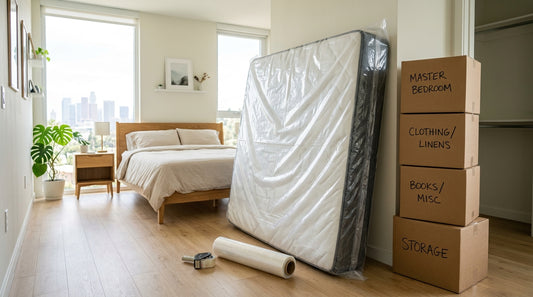 Queen mattress wrapped in a clear mattress bag next to labeled moving boxes
