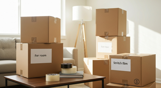 Neatly stacked moving boxes and packing tape in a bright Los Angeles living room