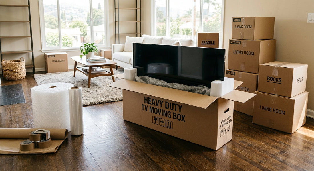 Flat-screen TV being packed into a cardboard TV moving box in a Los Angeles home
