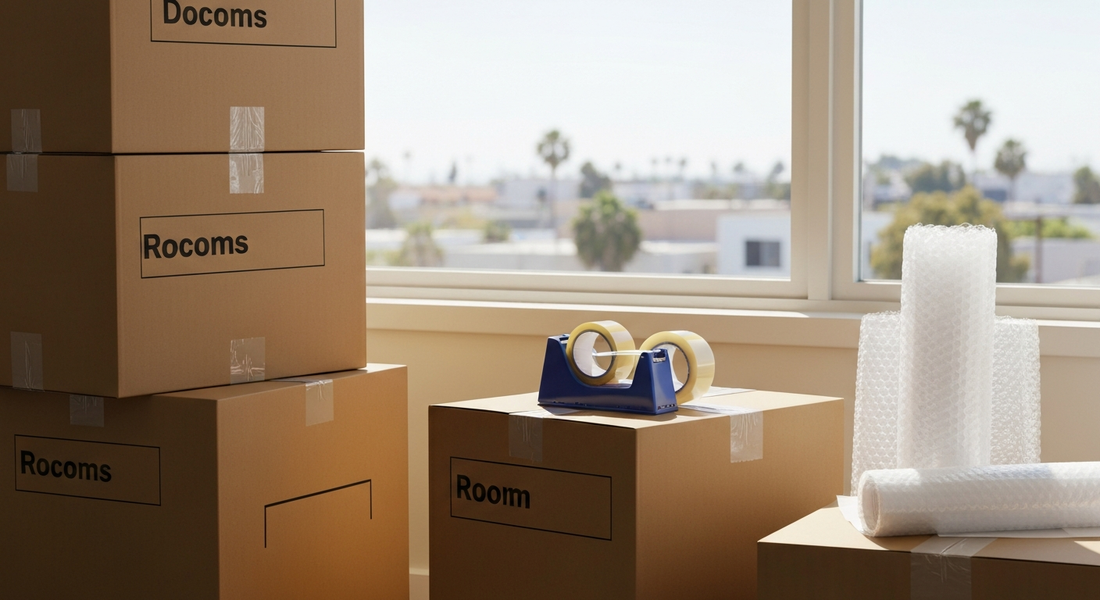 Stacked moving boxes and packing tape in a bright Los Angeles apartment