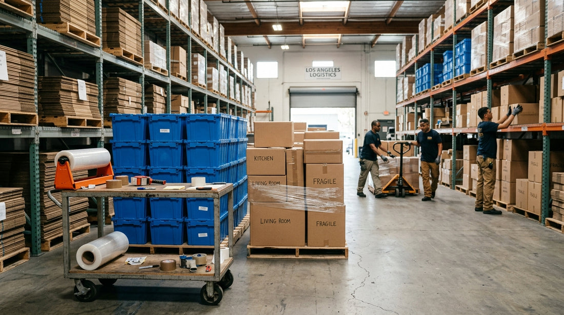 Plastic moving crates and boxes stacked in a Los Angeles warehouse aisle