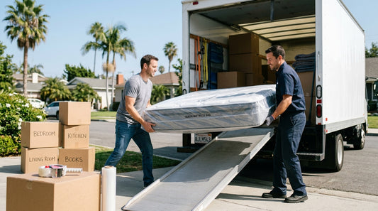 Mover sliding a queen mattress in a clear protective bag into a truck