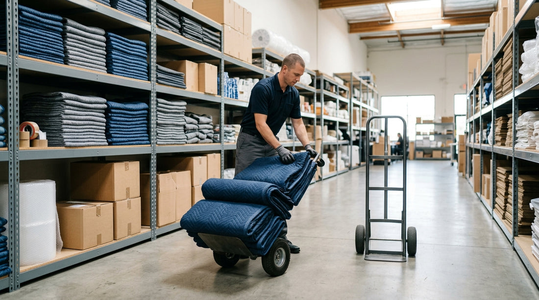 Mover loading quilted furniture pads in a Los Angeles warehouse