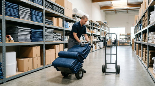 Mover loading quilted furniture pads in a Los Angeles warehouse
