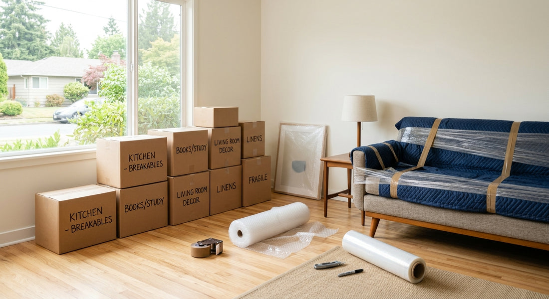 Living room with labeled moving boxes and protective packing supplies