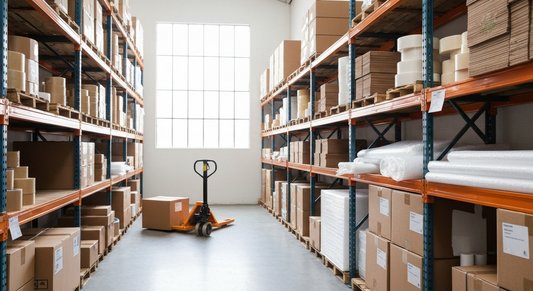 Warehouse shelves with shipping boxes and packing supplies in Los Angeles