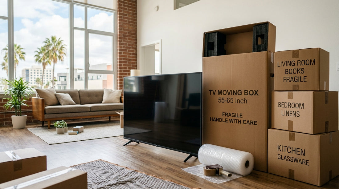 Flat-screen TV next to a tall TV moving box with packing supplies