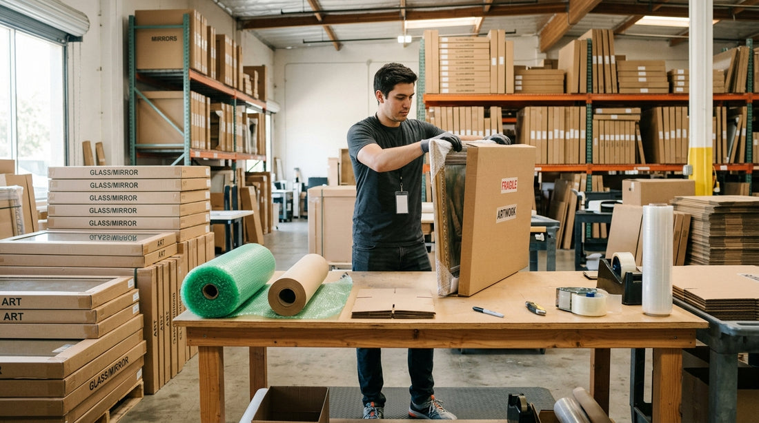 Worker packing a framed painting into a mirror box in a Los Angeles warehouse