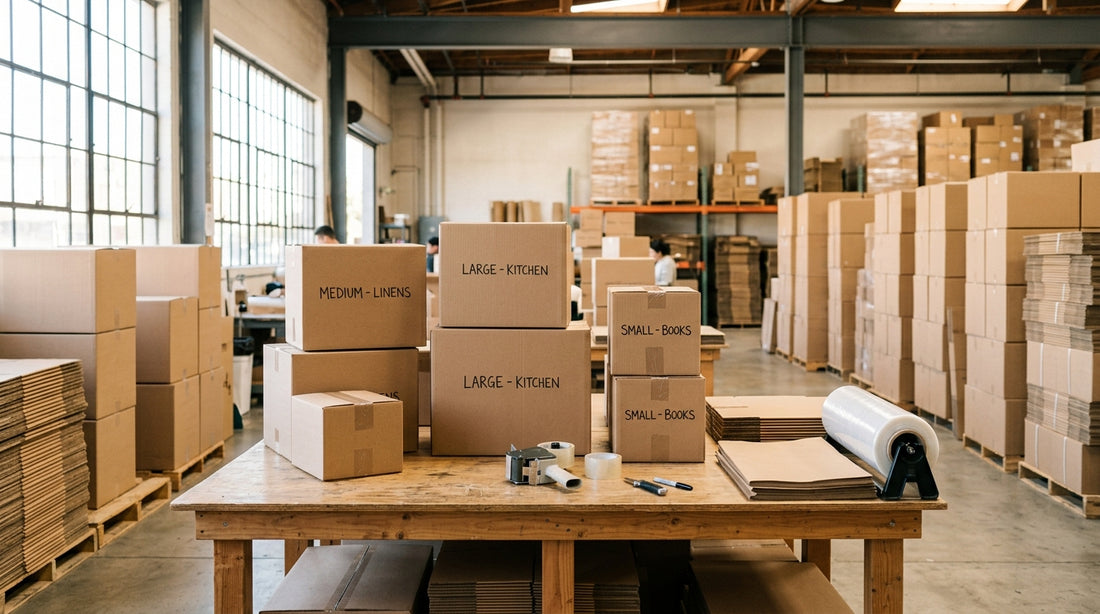 Stacks of cardboard moving boxes and packing tape in a Los Angeles warehouse