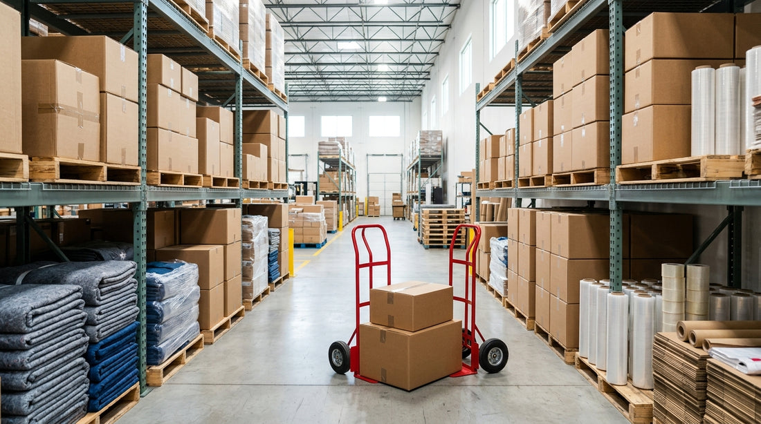 Warehouse aisle in Los Angeles stocked with moving blankets and boxes