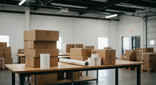 Neatly stacked cardboard moving boxes with packing tape in a Los Angeles warehouse