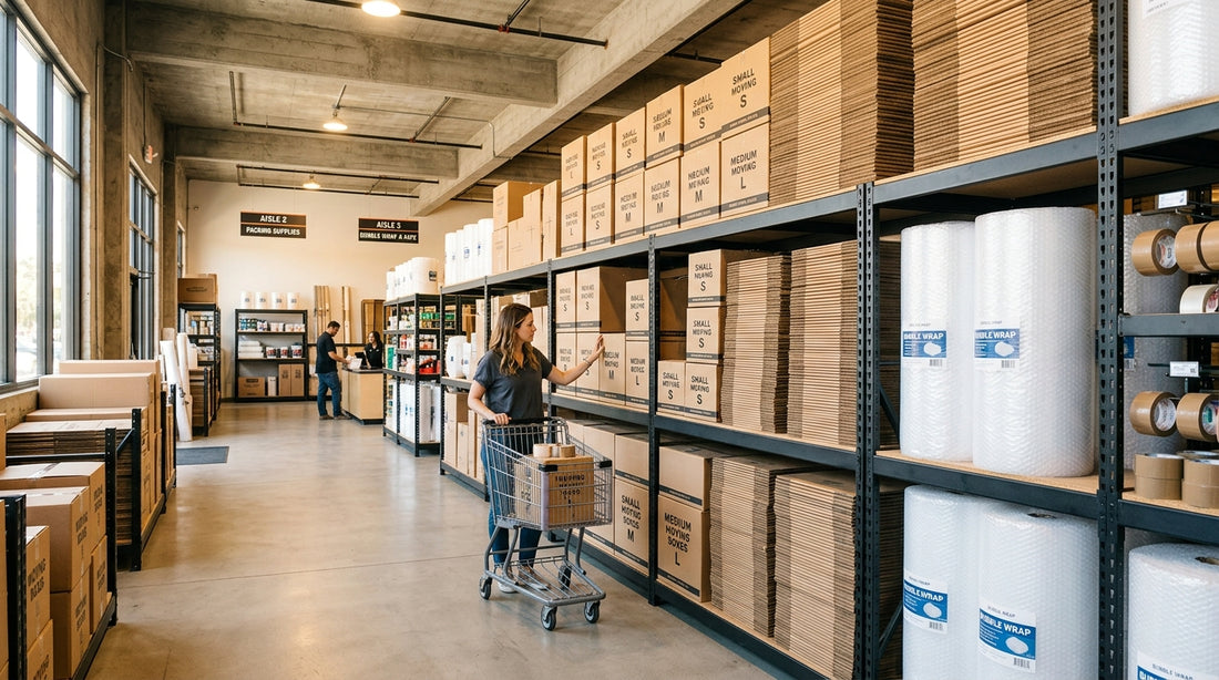 Los Angeles warehouse shelves stocked with bubble wrap and moving boxes