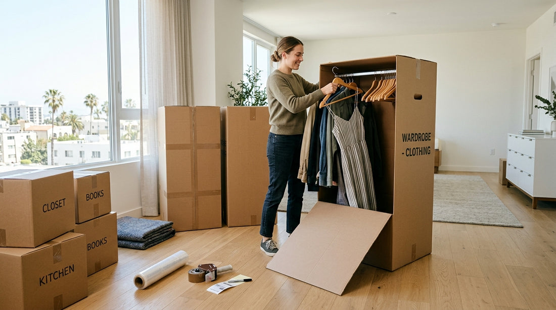 Open wardrobe moving boxes in a Los Angeles apartment with clothes on hangers being packed