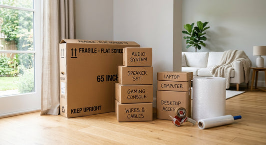 Labeled electronics boxes and packing supplies ready for a move
