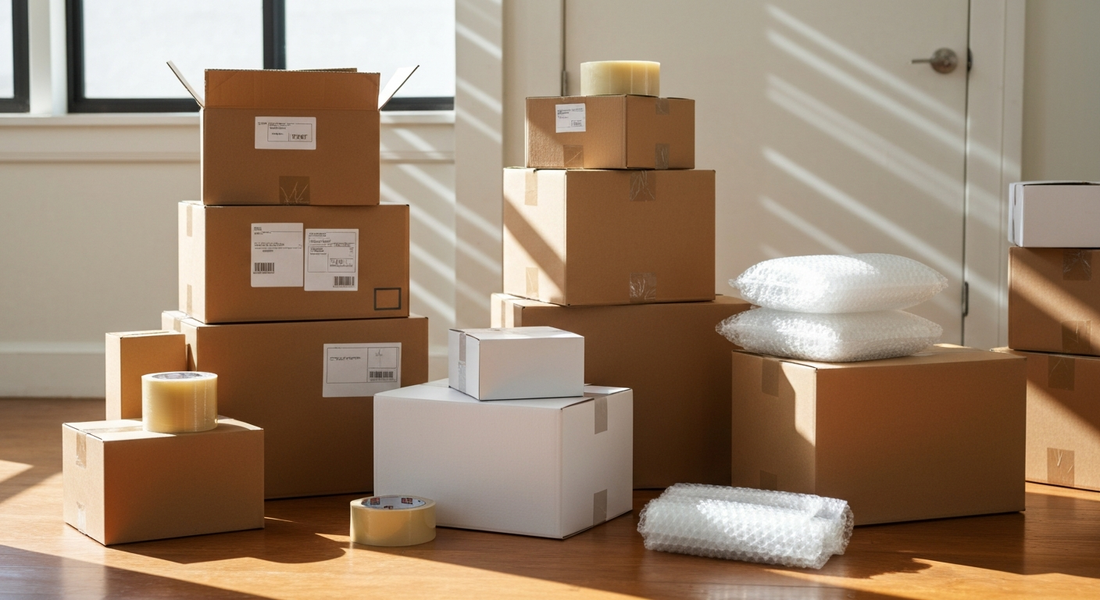 Stacked free and new moving boxes in a bright Los Angeles apartment
