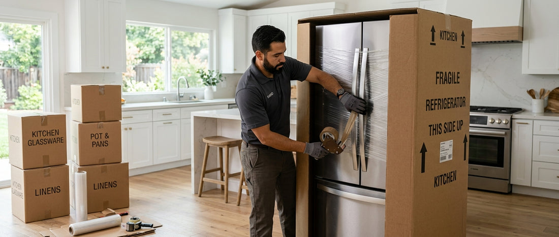 Mover packing a refrigerator into a tall appliance box in a Los Angeles home