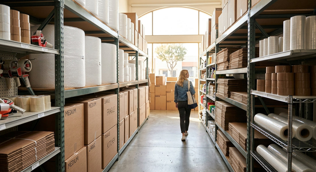 Rolls of bubble wrap and moving boxes on shelves in a Los Angeles supply warehouse