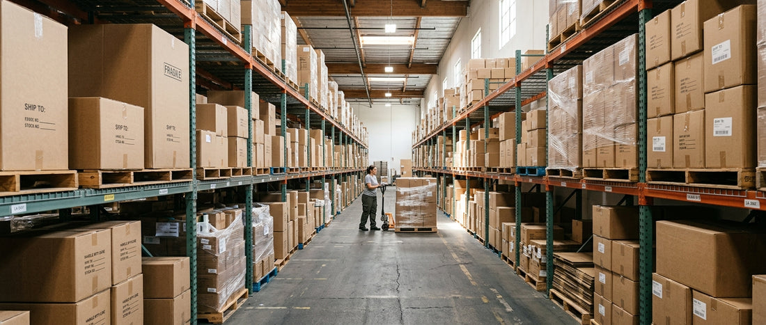 Warehouse shelves with stacked wholesale moving and shipping boxes in Los Angeles
