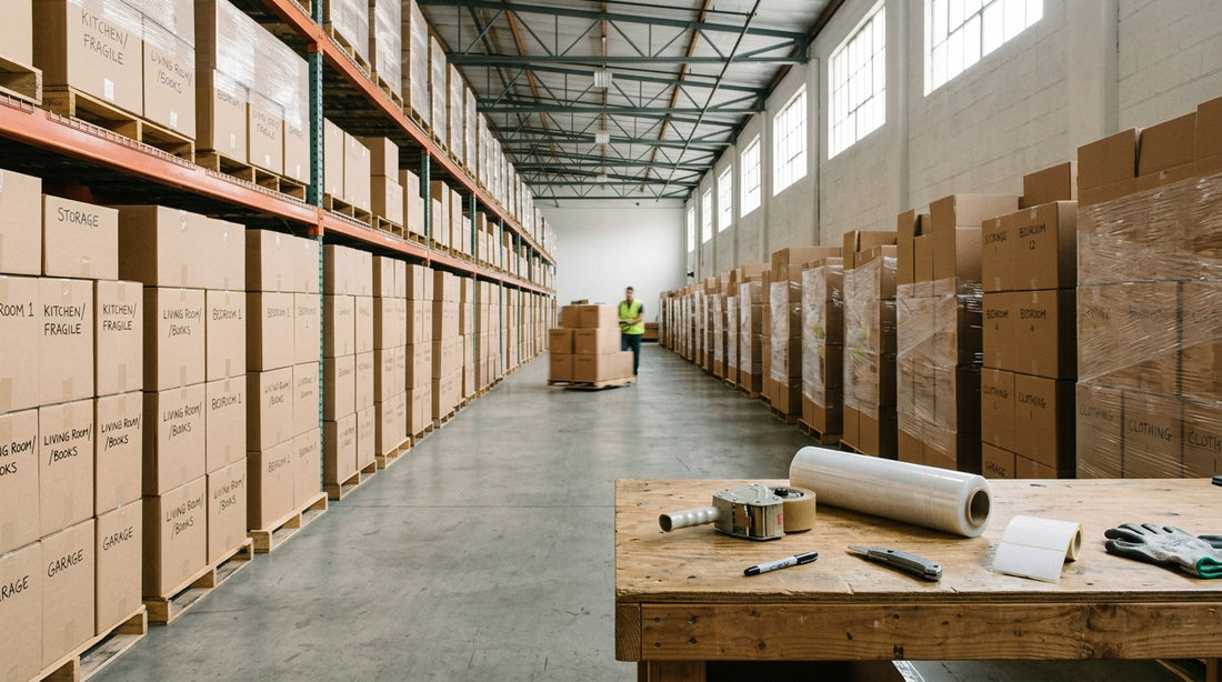 Los Angeles warehouse with pallets of wholesale moving boxes and packing supplies