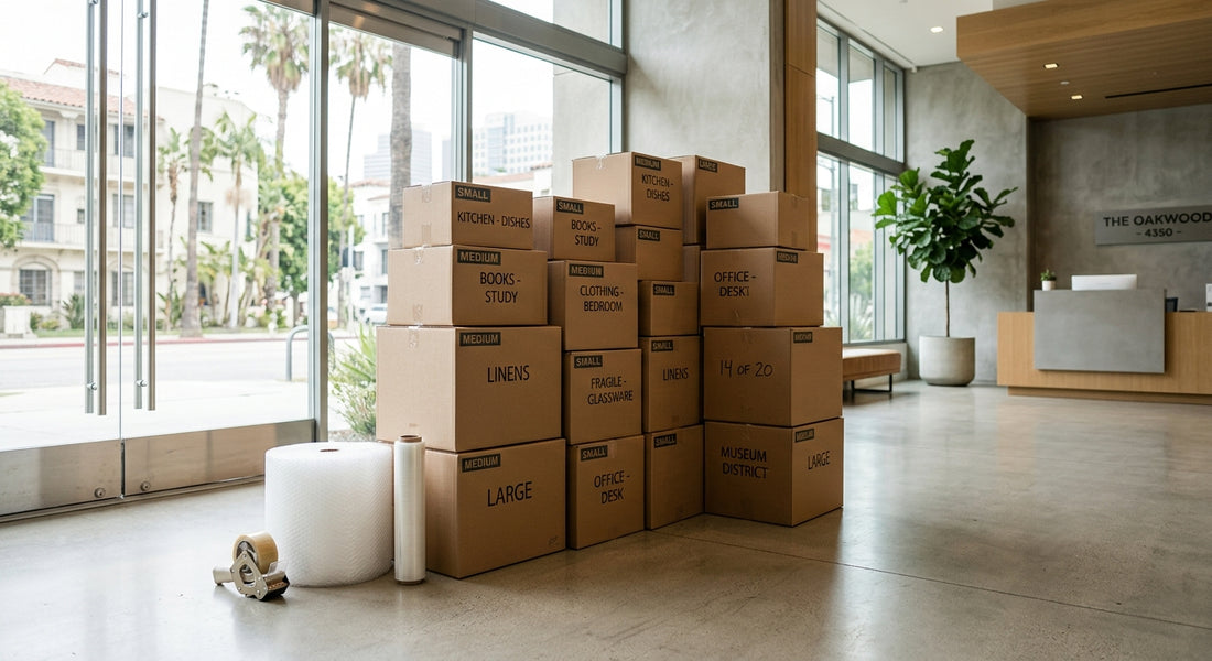 Stacked moving boxes and packing supplies in a bright Los Angeles apartment lobby