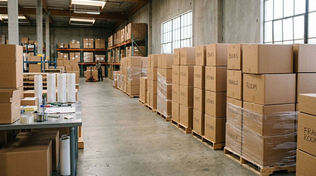Warehouse shelves with different sizes of carton moving boxes and packing supplies