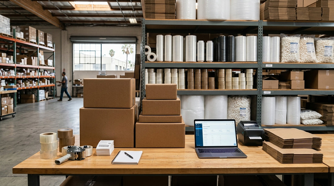 Clear and brown packing tape rolls on a warehouse counter in Los Angeles