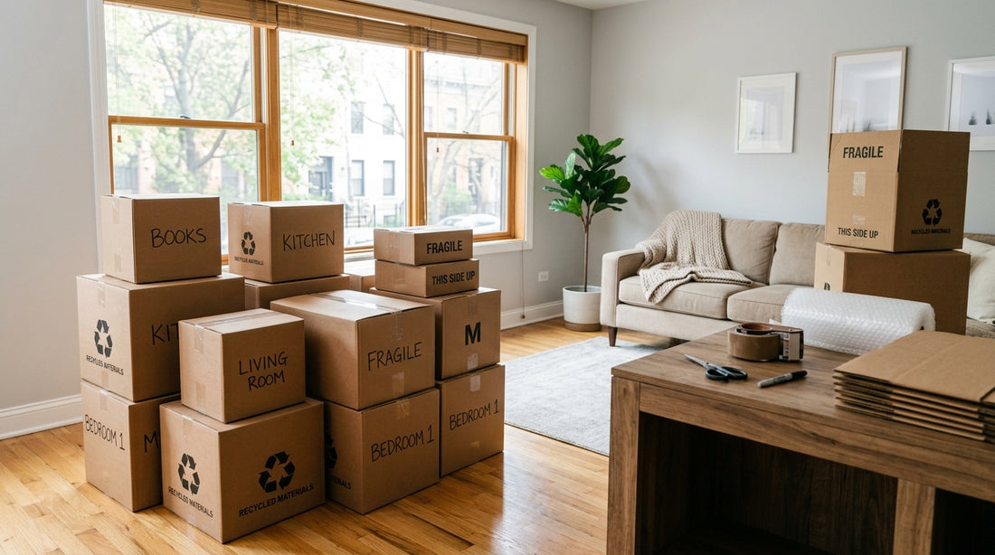 Stack of used and new moving boxes ready for packing in a living room