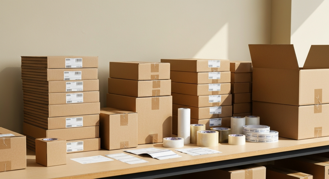 Warehouse packing station with assorted shipping boxes and tape