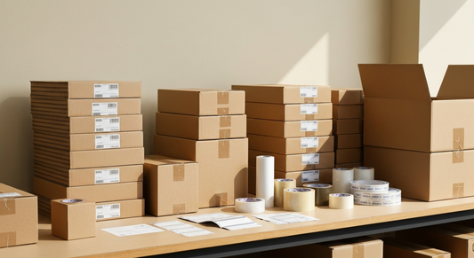 Warehouse packing station with assorted shipping boxes and tape