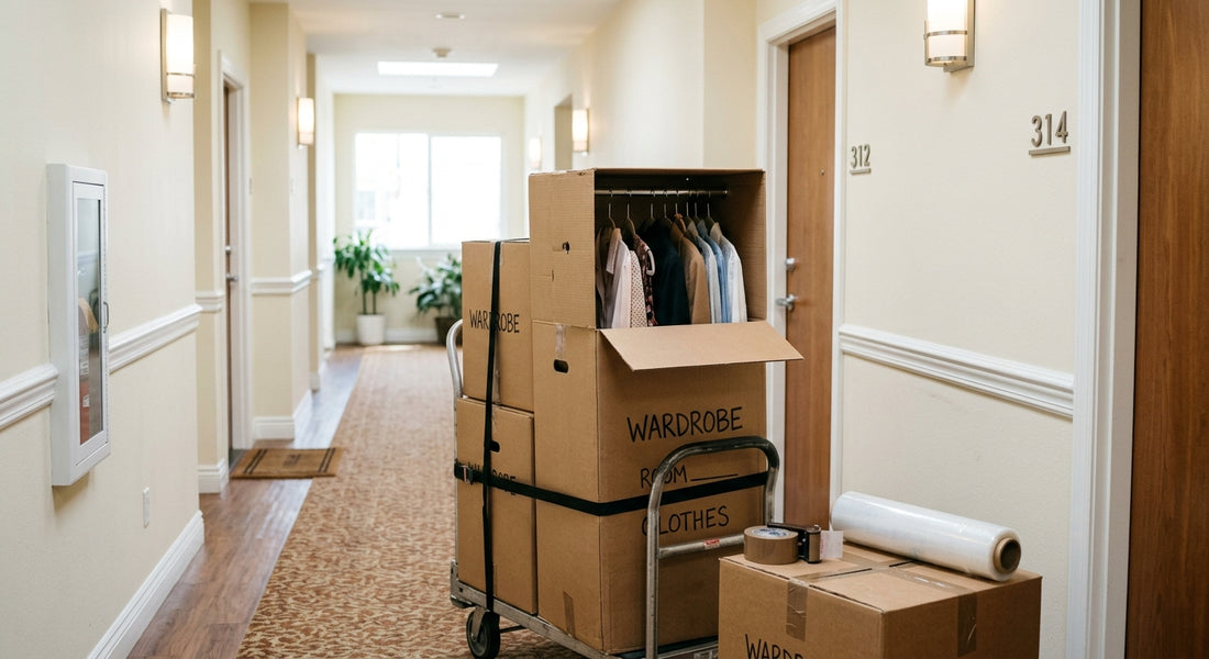 Wardrobe moving boxes with hanging clothes in a Los Angeles apartment hallway