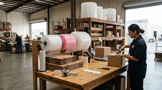 Different types of bubble wrap and packing supplies on a warehouse table