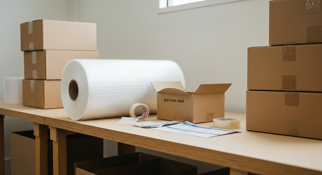 Roll of bubble wrap and moving boxes in a Los Angeles warehouse