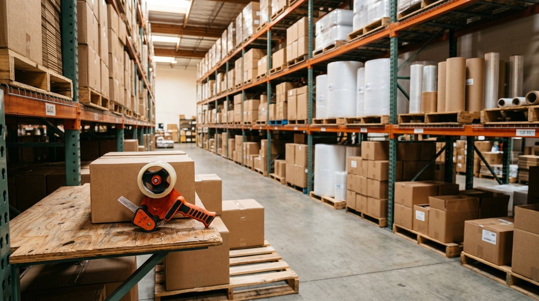 Warehouse worker preparing moving boxes with clear packing tape in Los Angeles
