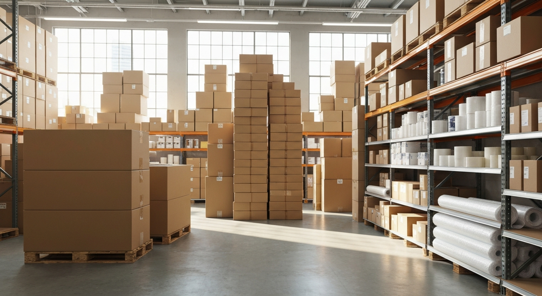 Los Angeles warehouse with neatly stacked moving boxes and packing supplies