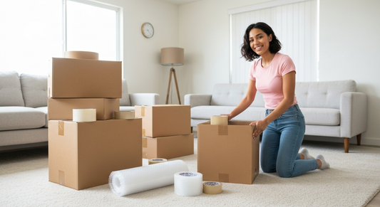 Neatly stacked moving boxes and packing supplies in a bright Los Angeles apartment