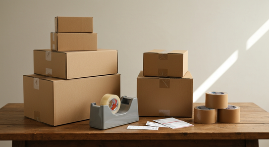 Packing tape and moving boxes on a table in a Los Angeles apartment