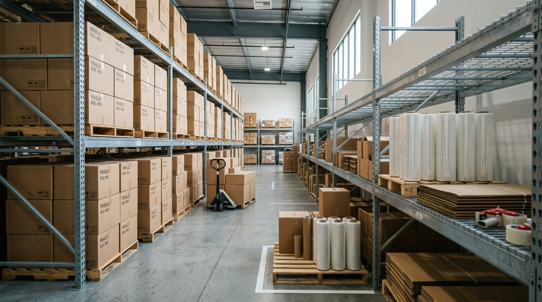 Warehouse shelves with bulk moving boxes and packing supplies in Los Angeles
