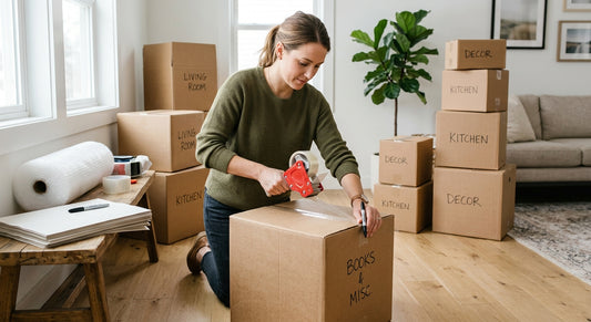 Person sealing a moving box with clear packing tape in a living room
