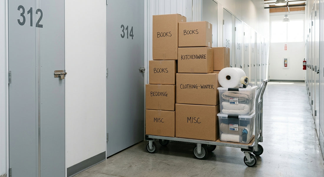 Labeled moving and storage boxes stacked neatly in a clean Los Angeles storage unit