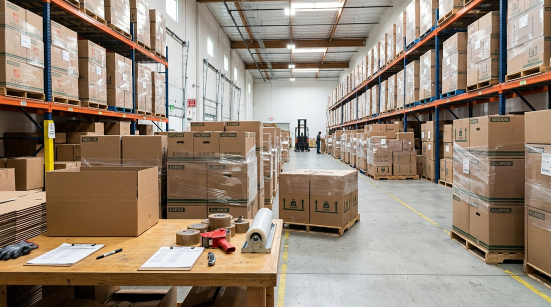 Warehouse in Los Angeles with stacked wholesale cardboard moving boxes and packing supplies