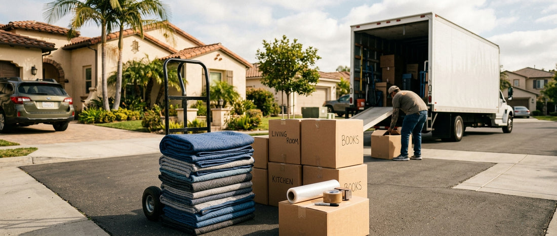 Stack of professional moving blankets and boxes during a Los Angeles move