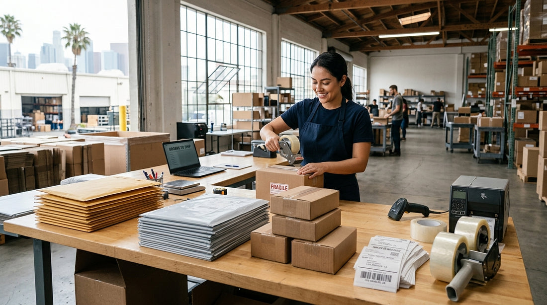 Los Angeles warehouse table with poly mailers, envelopes, and small mailing boxes ready for shipping
