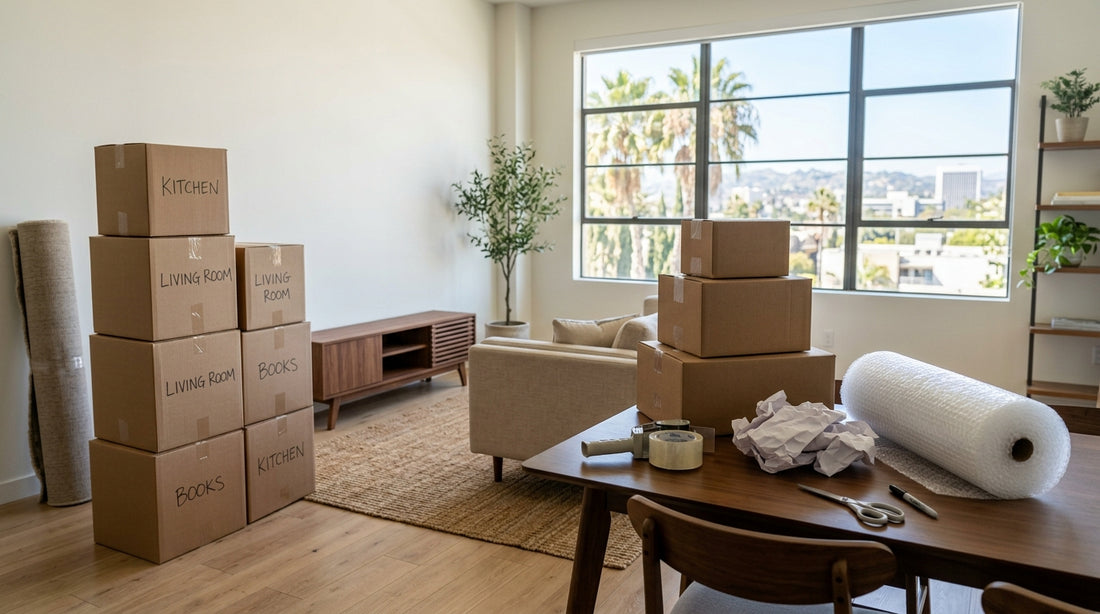 Packing paper and moving boxes in a Los Angeles apartment ready for moving