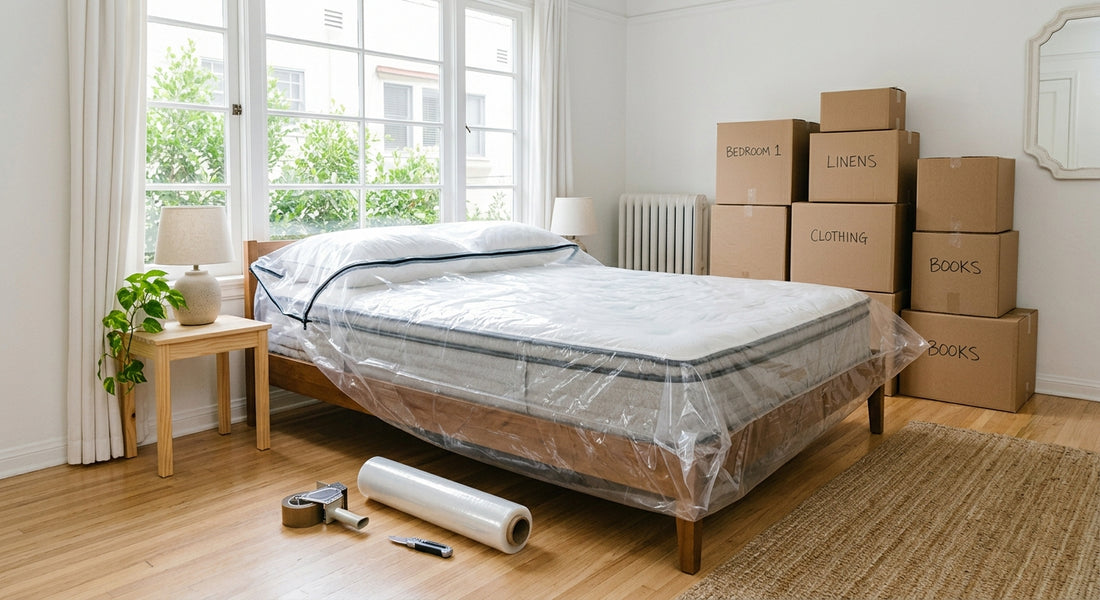 Queen mattress being wrapped in a clear plastic mattress bag for moving
