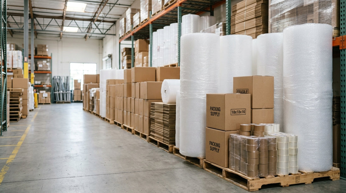 Warehouse shelves in Los Angeles stocked with bulk bubble wrap and moving supplies
