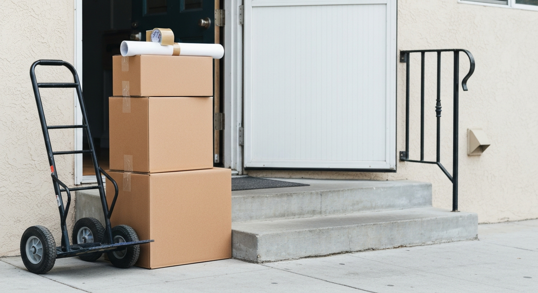 Stack of different size carton moving boxes in a Los Angeles apartment