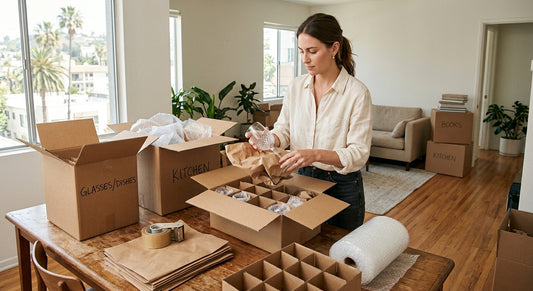 Person packing glasses into dish boxes with packing materials in a Los Angeles apartment