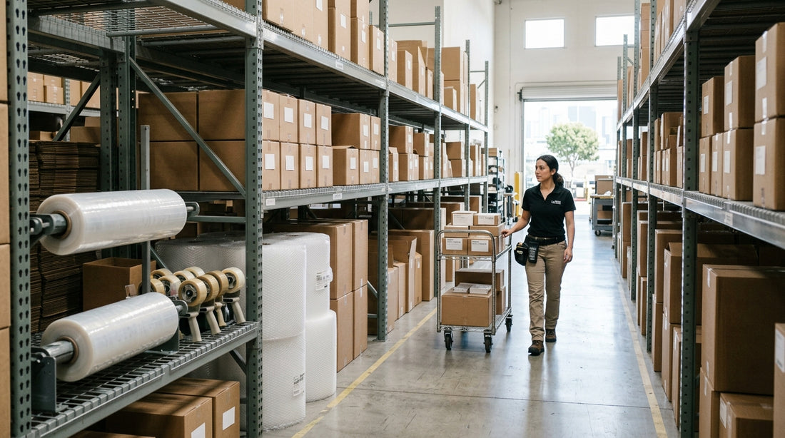 Warehouse shelves with affordable packing boxes and supplies in Los Angeles