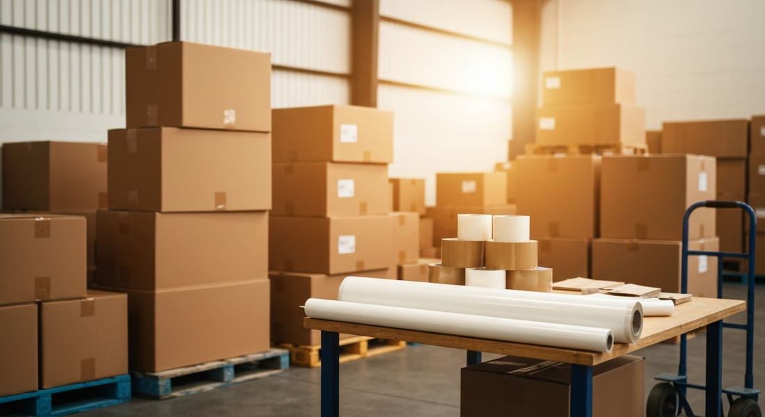 Neatly stacked moving boxes and packing supplies in a Los Angeles warehouse